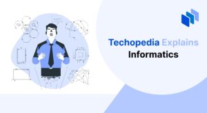 Illustration of a professional surrounded by technology symbols, including laptops, circuits, and data networks, representing the concept of informatics and its role in managing and processing information