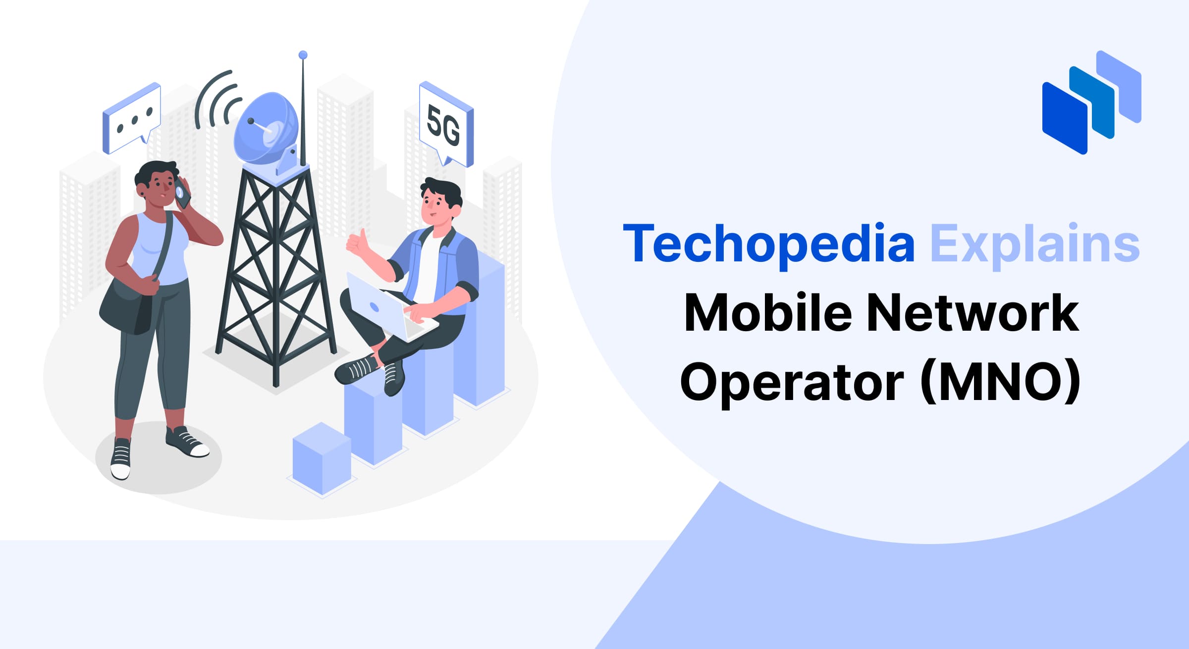 Illustration of a mobile network operator concept with a telecom tower, a woman on a phone, and a man using a laptop, symbolizing communication technology and 5G connectivity.