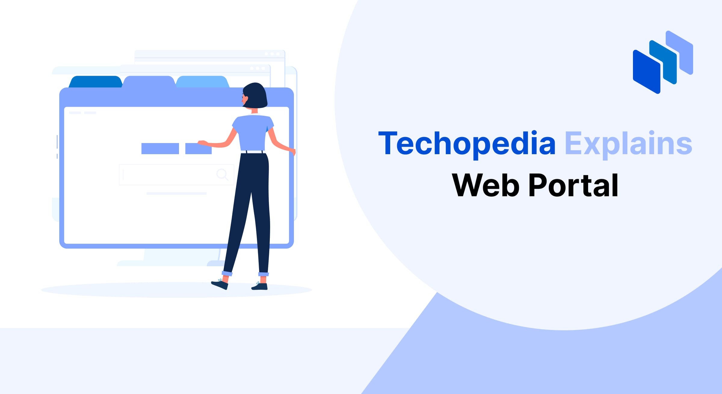 Illustration of a person standing in front of a large web interface with tabs and a search bar, representing the concept of a web portal