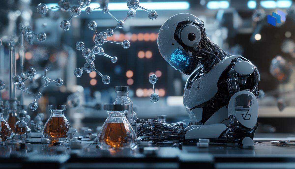 A humanoid robot examines chemical flasks in a futuristic lab, surrounded by molecular structures and vibrant lighting effects.