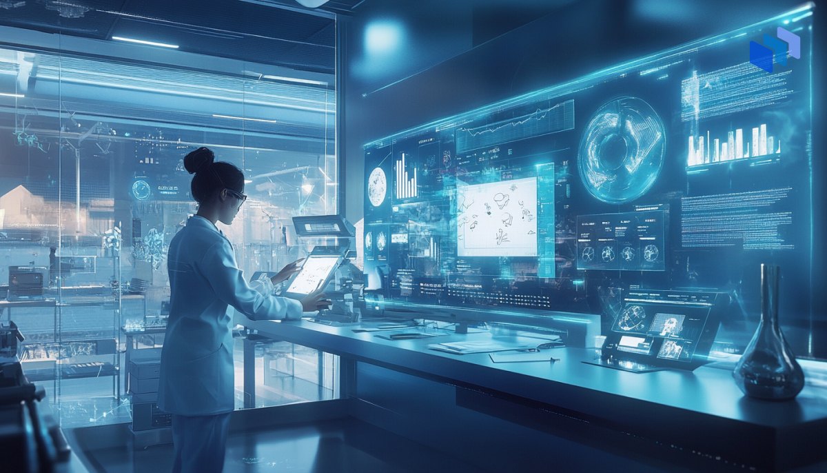 A scientist in a lab coat analyzes data on a futuristic touchscreen interface surrounded by holographic displays and laboratory equipment.