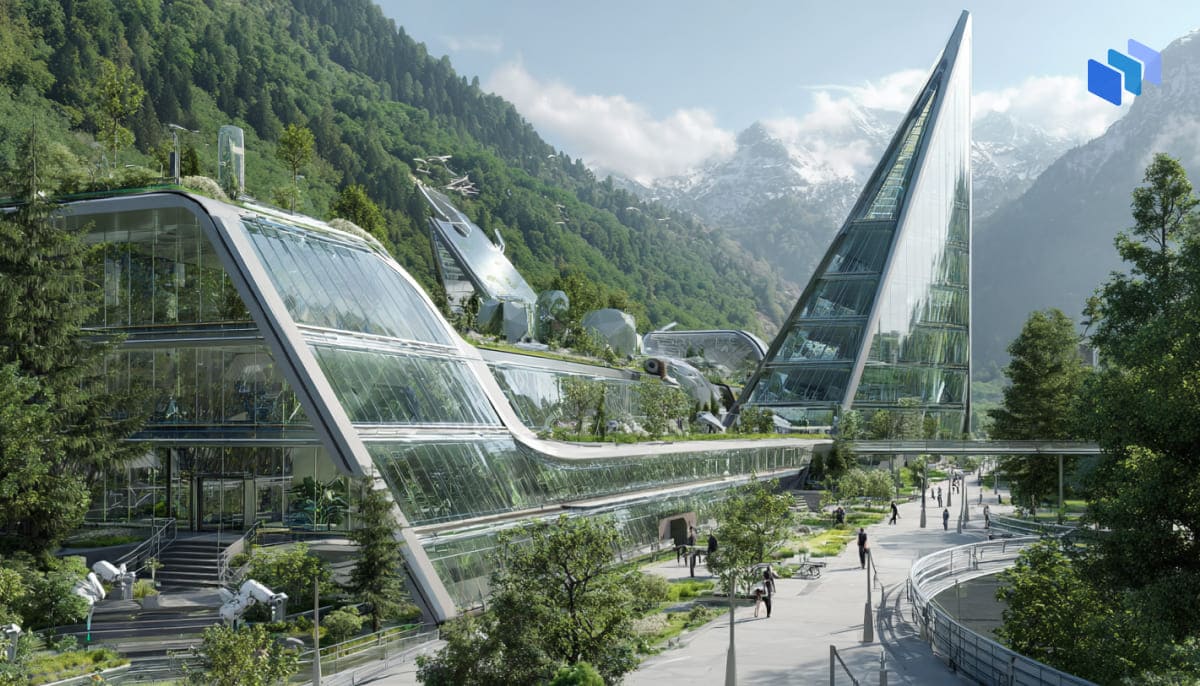 Futuristic glass buildings blend with lush nature, set against snow-capped mountains, showcasing a harmonious eco-friendly design.