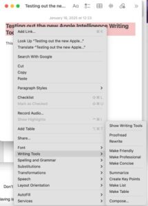 Screenshot of a digital document featuring a menu for writing tools including spell checking, summarizing, and formatting options.