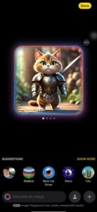 iPhone screen showing Apple’s image generation tool with a stylized AI-generated image of a cat in knight armor holding a sword. Below the image are theme suggestions like Stadium, Race Car Driver, Disco, and City.