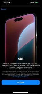 Close-up of an iPhone screen displaying Siri's introduction and features, with a "Continue" button at the bottom.