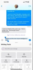 iPhone screenshot of an iMessage where a user edits a text using Apple’s new writing tools, with options like “Proofread” and “Rewrite” visible.