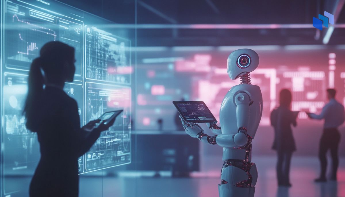 A humanoid robot and a woman analyze data on digital screens in a high-tech office, symbolizing collaboration between humans and AI