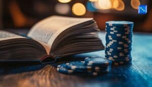 Stack of poker chips beside an open book on a poker table, illustrating essential poker strategy reading and must-read poker books for improving skills, bankroll management, and long-term gameplay.