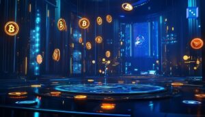 A futuristic blue-lit digital casino space with floating crypto tokens and holographic interfaces, symbolizing LuckFi mechanics and RWA tokenization in Web3 iGaming.