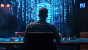 Man playing poker at a table while digital code streams in the background, illustrating the rise of poker bots and AI-driven online gameplay.