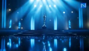 Illuminated awards stage with a central trophy under bright blue spotlights, representing the Sports Personality of the Year 2025 ceremony and betting favorites