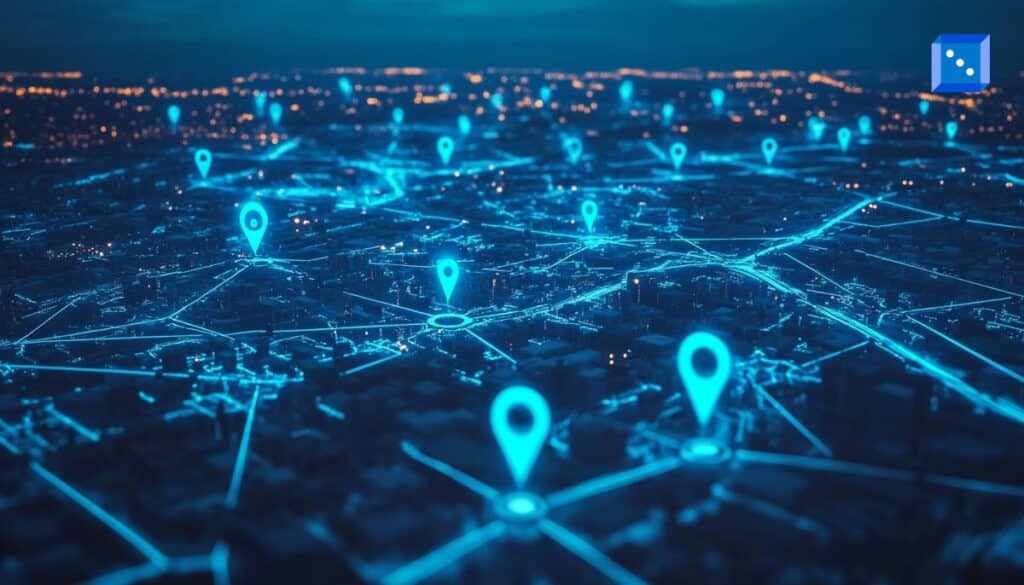 Digital map visualizing geolocation fraud, showing glowing blue location pins across a connected city network, representing how bettors use spoofing tools and proxy betting to fake their location online.