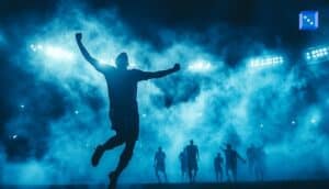 Silhouetted football player celebrating under stadium lights, symbolizing dark horse teams poised to surprise at the 2026 FIFA World Cup.