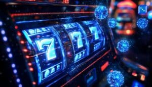 Blue glowing slot machine showing triple 7 jackpot with floating sparkling blue orbs symbolizing casino luck and superstition.