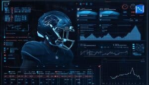 A futuristic NFL player visualization surrounded by blue data dashboards showing advanced football metrics, charts, and analytics used for efficient betting insights.