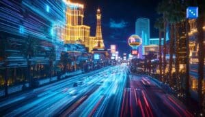 Futuristic night view of the Las Vegas Strip with neon lights, fast light trails, and iconic casino landmarks in a digital-style cityscape