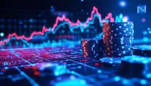 Poker chips stacked on a table with rising financial charts symbolizing crash gambling trends