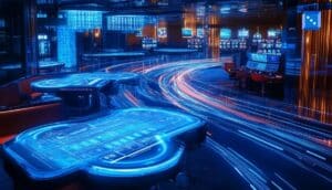 Futuristic casino floor with digital tables and slot machines, visualizing fast-response technology and data-driven hybrid casino gaming.