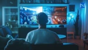 Person watching live sports on multiple screens at home, illustrating how illegal sports streams can funnel viewers toward unlicensed betting platforms.