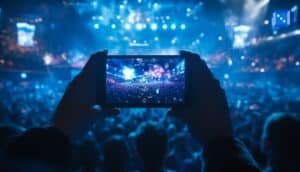 Smartphone capturing a packed esports arena with a live mobile gaming event on stage and a large cheering crowd.
