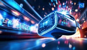 Futuristic virtual reality casino scene showing a VR headset with glowing slot game visuals and digital motion effects.