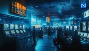 A modern betting hall filled with digital sportsbook terminals and live odds boards, illustrating the contrast between traditional sportsbooks and betting exchange environments discussed in the article.