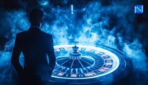 Silhouette of a man standing before a glowing roulette wheel surrounded by blue smoke and light effects