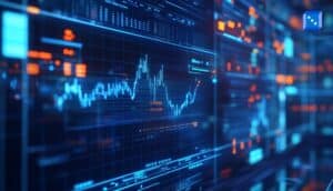 Close-up of digital financial charts and fluctuating data lines on a screen, representing algorithms, probability models, and data analysis used by betting companies to calculate and set odds.