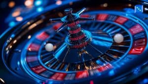 High-precision casino roulette wheel in motion with a white ball spinning across numbered pockets, illustrating mechanical accuracy, balance, and engineering standards used to ensure fair play in roulette games.