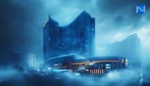 Dark, fog-covered casino complex at night, representing online casinos that abruptly shut down and leave players without access to their funds.
