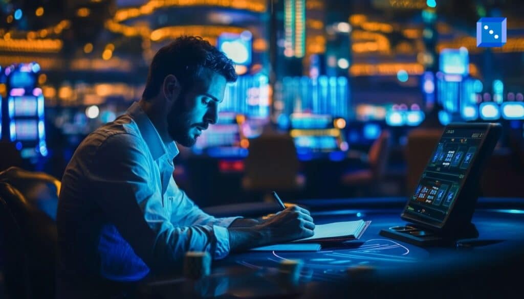 Skill focused gambler analyzing data and taking notes at a casino table with a digital screen, surrounded by slot machines and neon lights.