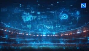 Futuristic football stadium overlaid with data charts and analytics dashboards, symbolizing the use of mid-season statistics and performance data to inform sports betting decisions.