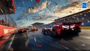 Formula One cars racing at high speed on a packed circuit with confetti in the air and grandstands full of fans, representing top F1 races with strong betting value.