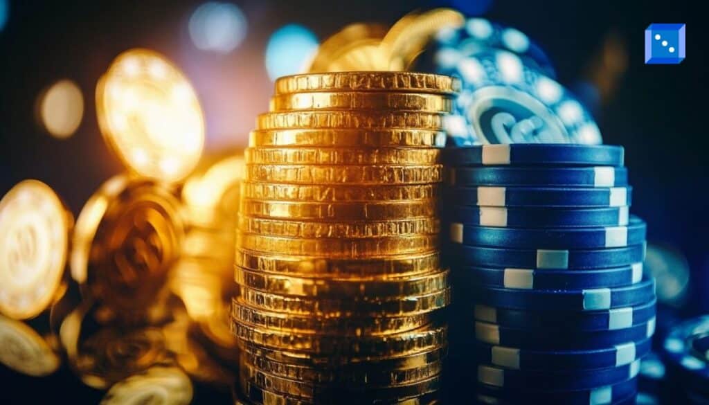 Stacks of gold coins and blue casino chips side by side under colorful lights, symbolizing the comparison between sweepstakes casinos and social casinos.