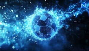 Abstract digital illustration of a soccer ball surrounded by blue energy and motion effects, symbolizing high-scoring leagues, fast-paced matches, and attacking football.