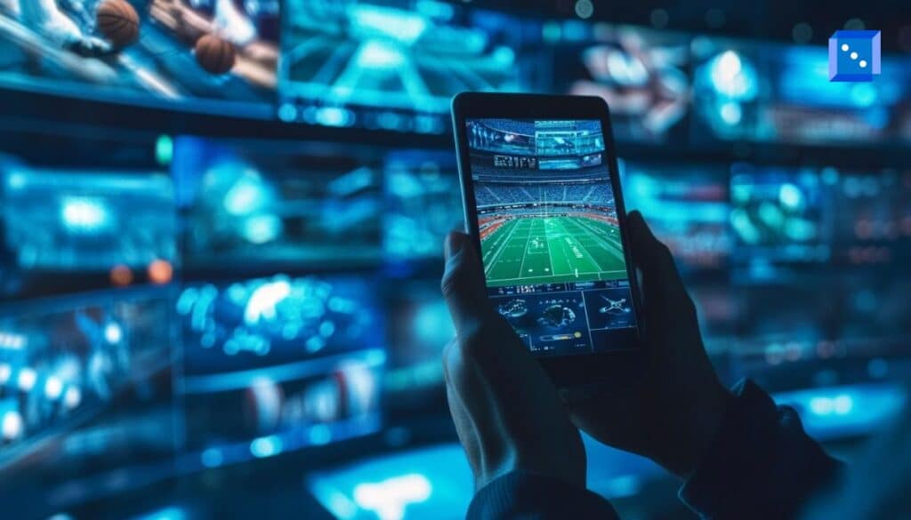 A bettor holding a smartphone displaying a virtual American football match, surrounded by multiple digital sports screens, illustrating how virtual sports broadcasts and live data feeds attract online betting interest in 2026.