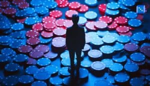 A packed basketball arena with players running toward the hoop under bright lights, representing March Madness and Final Four predictions.