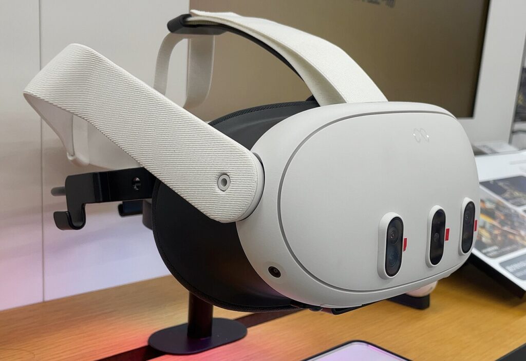 Meta Quest 3 VR headset displayed on a stand at an angle