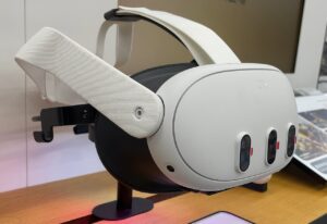 Meta Quest 3 VR headset displayed on a stand at an angle