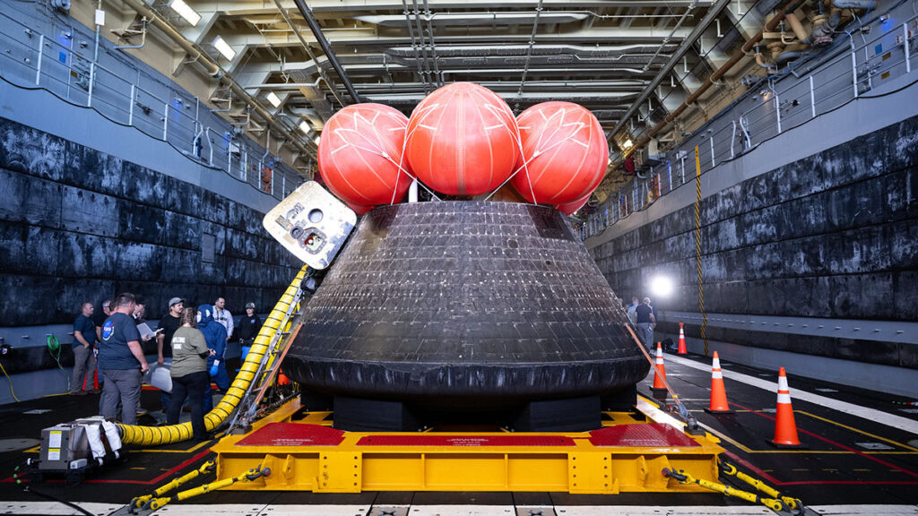 The Artemis II crew pod after its recovery following splashdown.