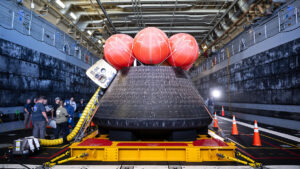 The Artemis II crew pod after its recovery following splashdown.