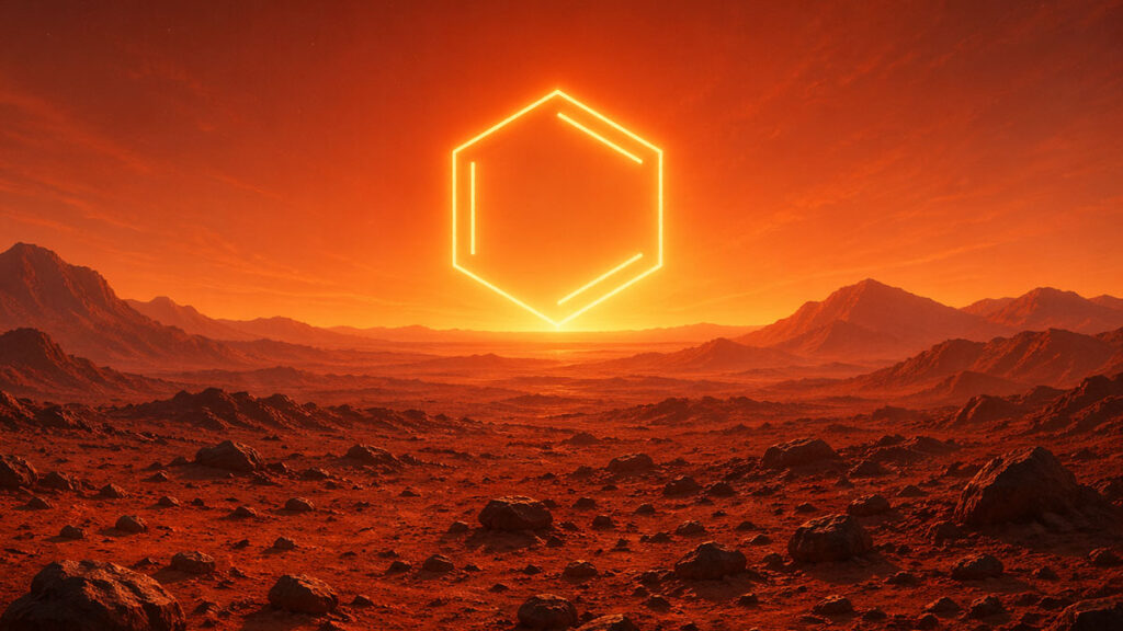 A benzene ring rises, Sun-like, over the Martian landscape.