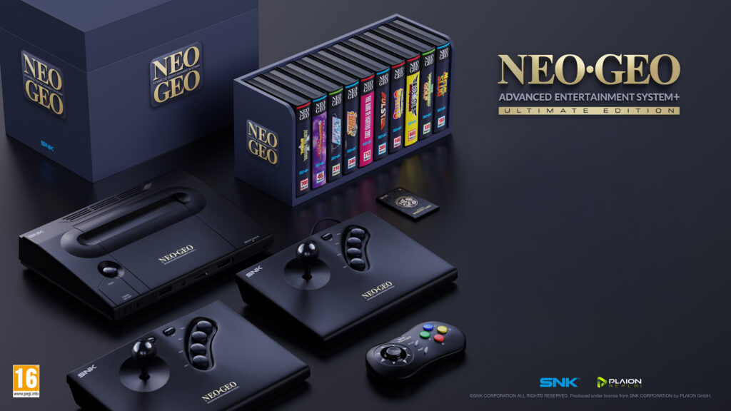 The Neo Geo AES+ Ultimate edition with two controllers, the console and ten games in a libray case/