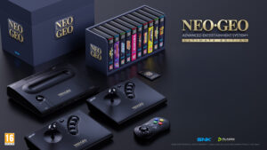The Neo Geo AES+ Ultimate edition with two controllers, the console and ten games in a libray case/