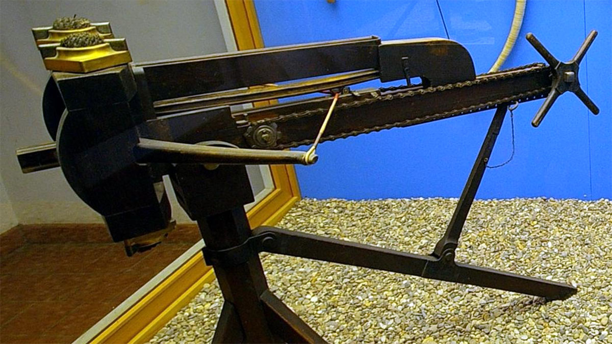 A modern recreation of a Roman polybolos at a museum in Saalburg, Germany