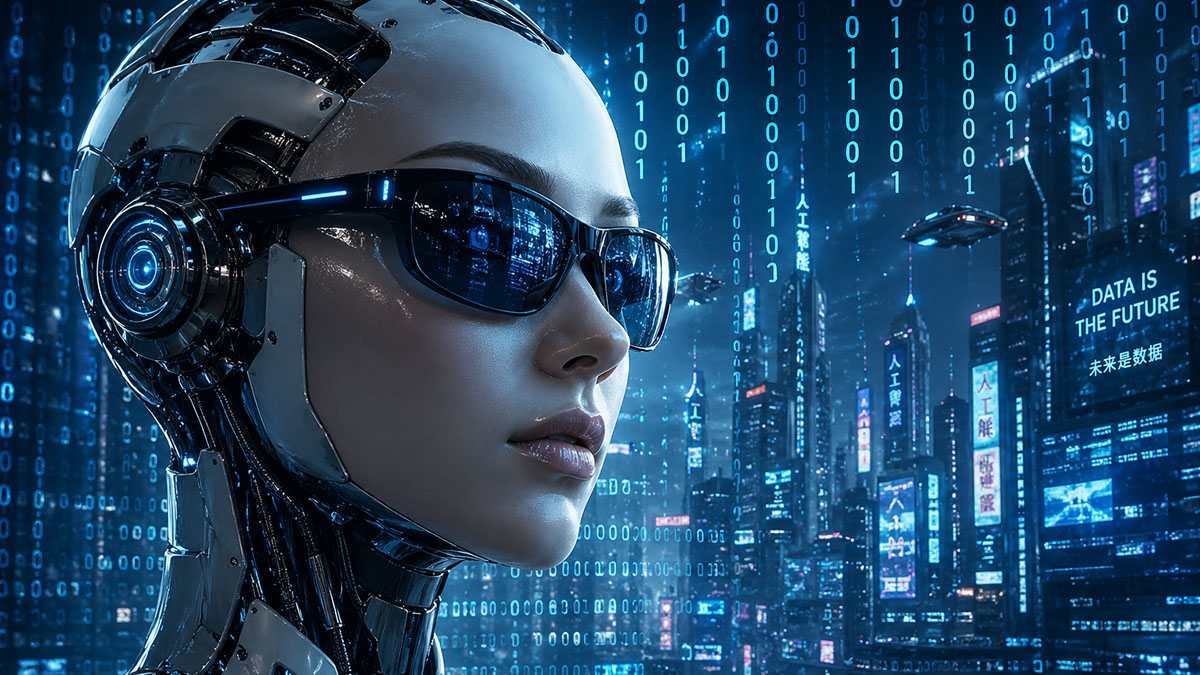 Robot woman wearing smart sunglasses
