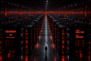 Dark cinematic view inside xAI’s Colossus AI supercomputer data centre in Memphis, Tennessee, showing endless rows of GPU server racks powering Anthropic’s Claude models, with more than 220,000 GPUs and 300+ MW compute capacity illuminated in red lighting. Anthropic’s AI Appetite Is So Large It’s Basically Renting Elon Musk’s Entire GPU Closet