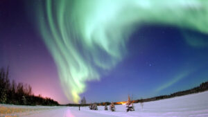 The Northern Lights over Bear Lake, Alaska.