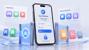 Image of smartphone showing an age verification screen, with app store and operating system panels suggesting device-level age checks for app access.