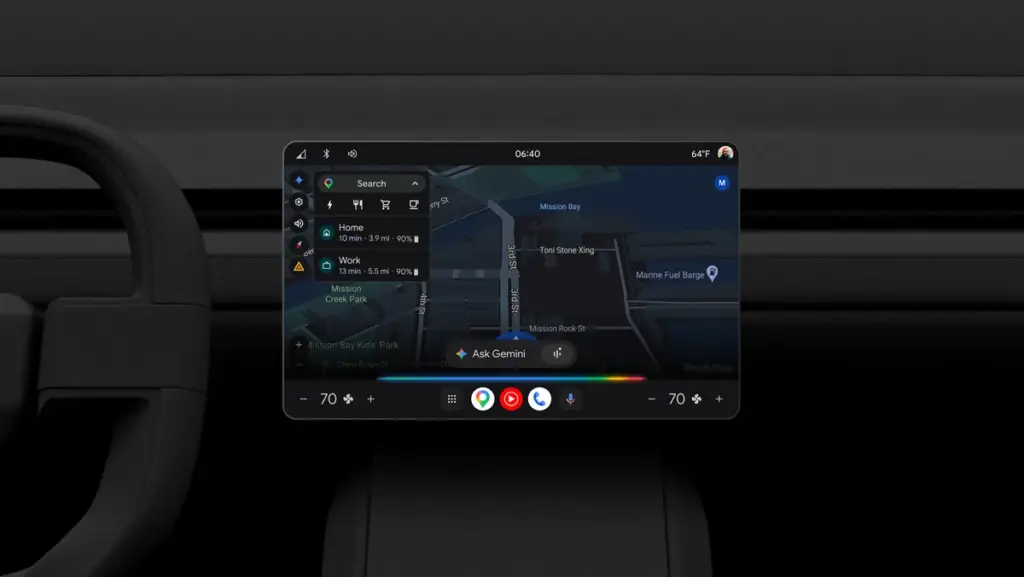 Google Gemini prompt on a car infotainment screen with Google Maps open.